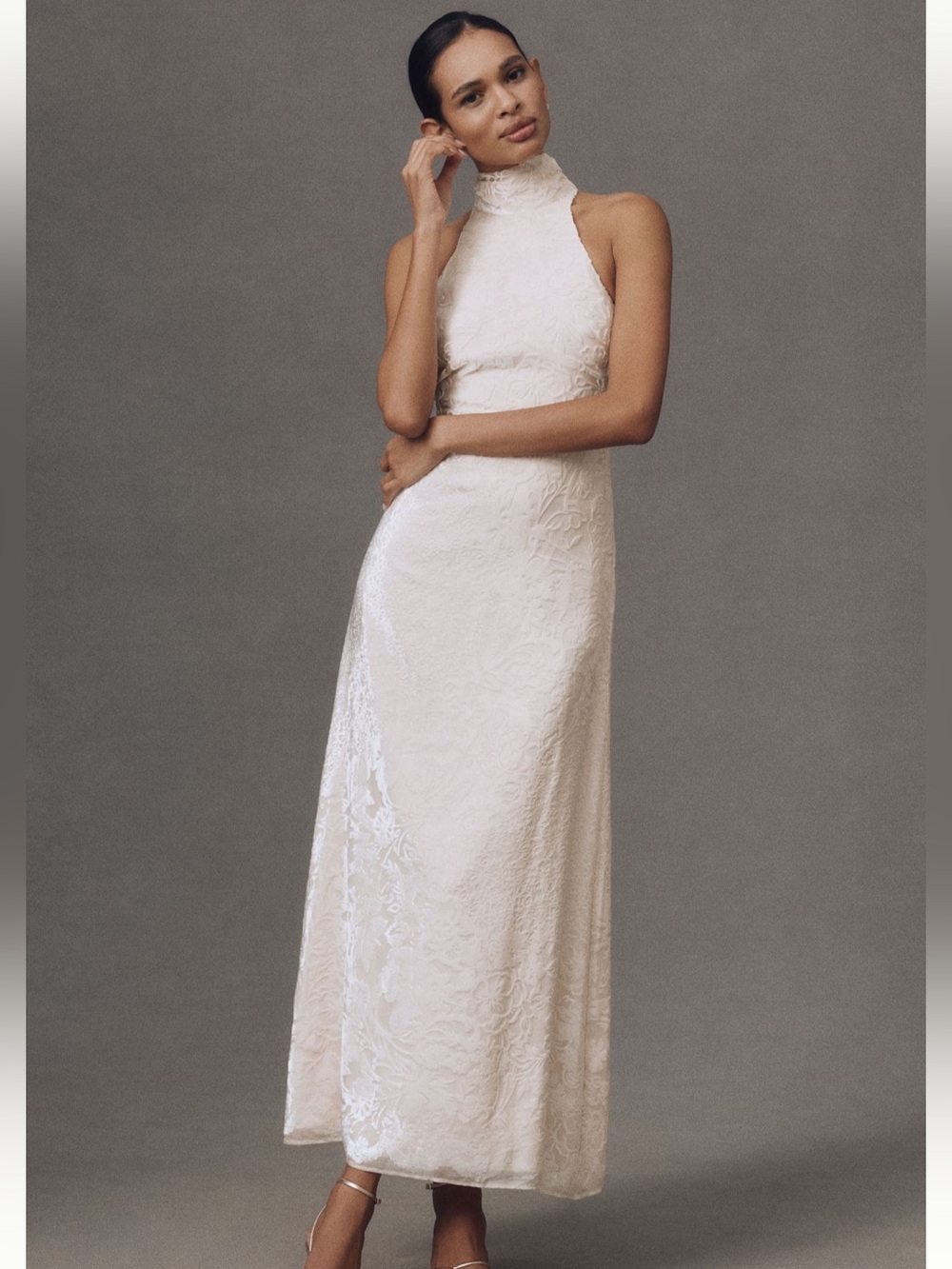 BHLDN Ivory High-Neck Velvet Scallop-Hem Maxi Dress